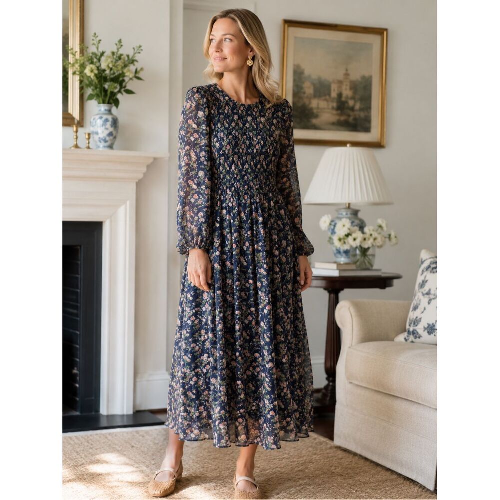 NWOT Hill House Home The Nap Dress Navy Floral Smocked Midi Dress Romantic Cotta